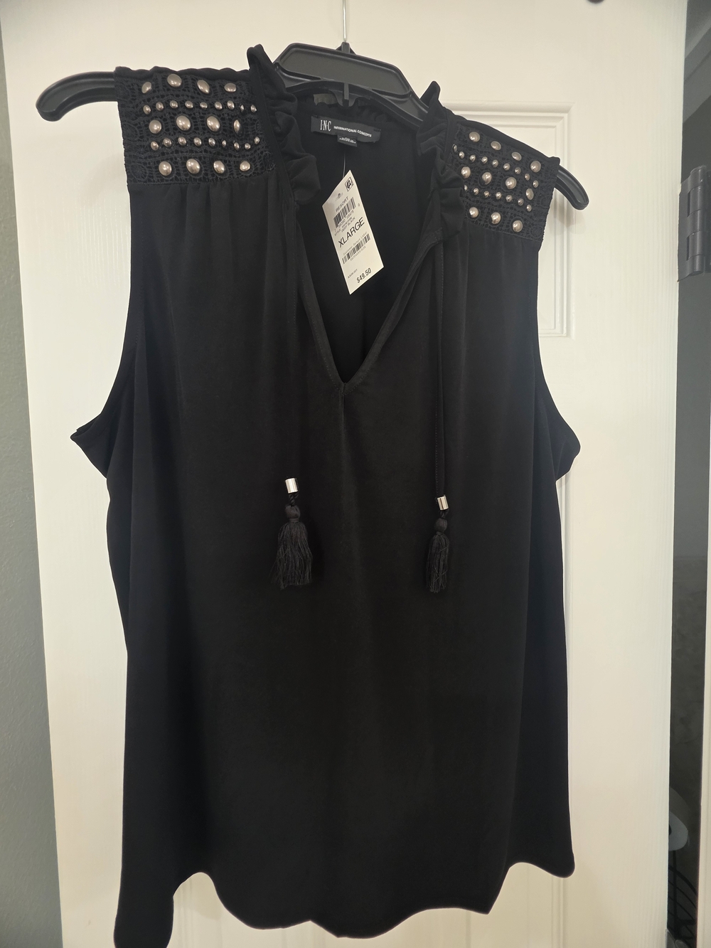 INC Collection Black Sleeveless Beaded Shoulder Top